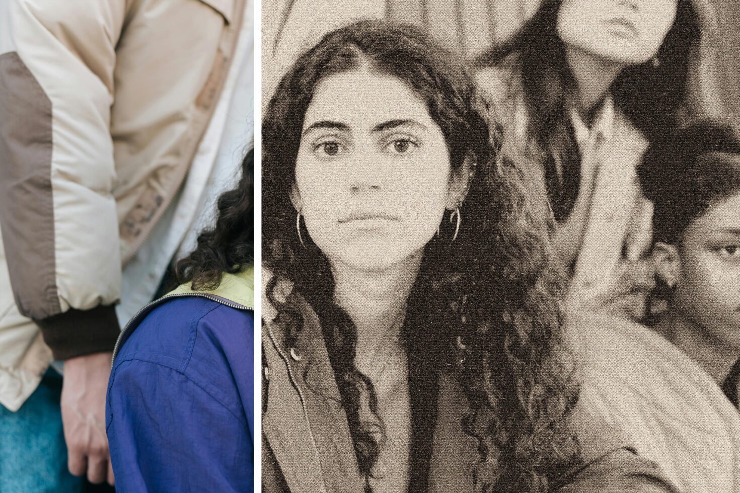Split screen showing close-up of puffy jacket detail left, vintage portrait of woman center-right