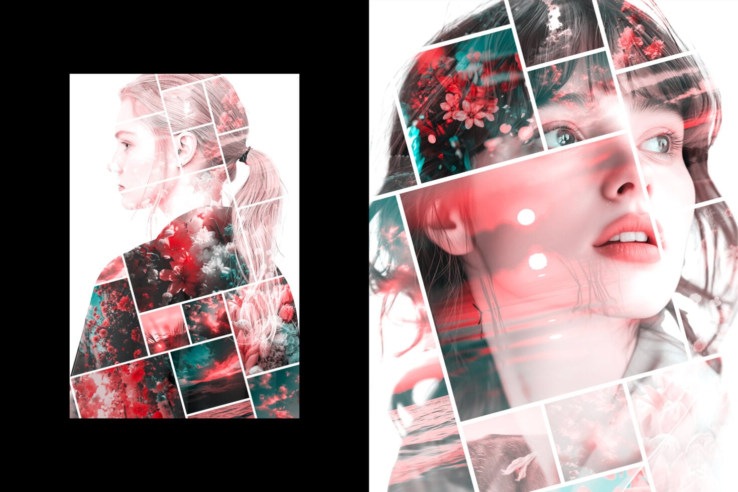 Double exposure portrait merging woman's profile with red flowers teal landscape in grid layout