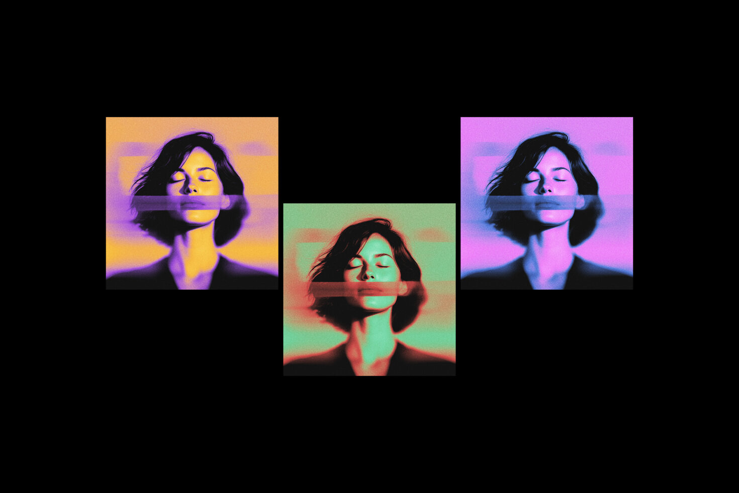 Three portrait variations of woman with closed eyes in vibrant neon color treatments