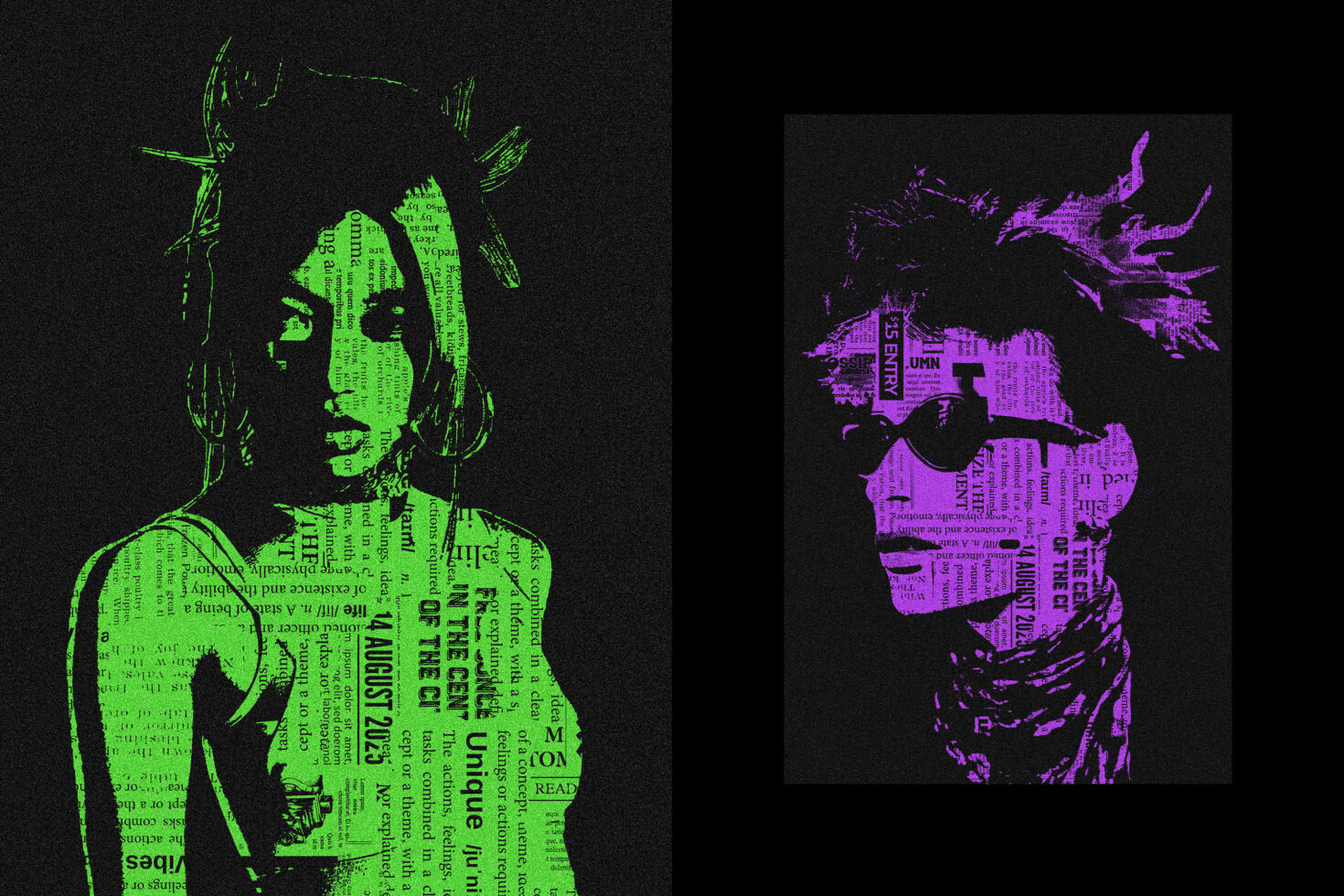 Two neon textured portrait heads in lime green plus magenta color options