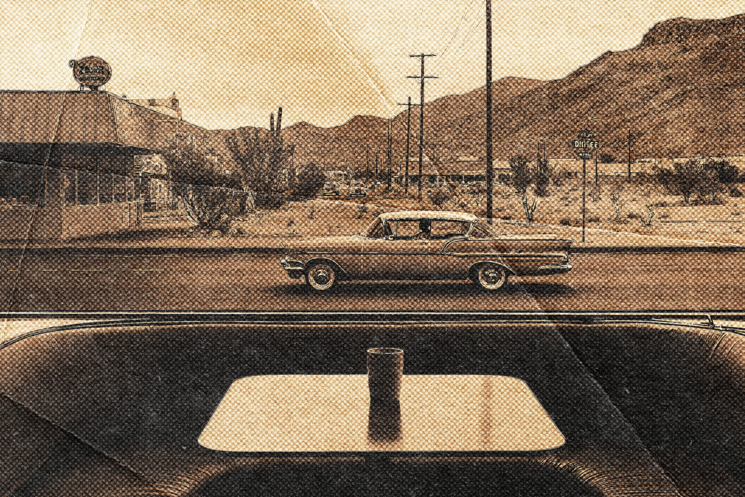Retro halftone effect of drive in diner scene with 1950s car parked outside