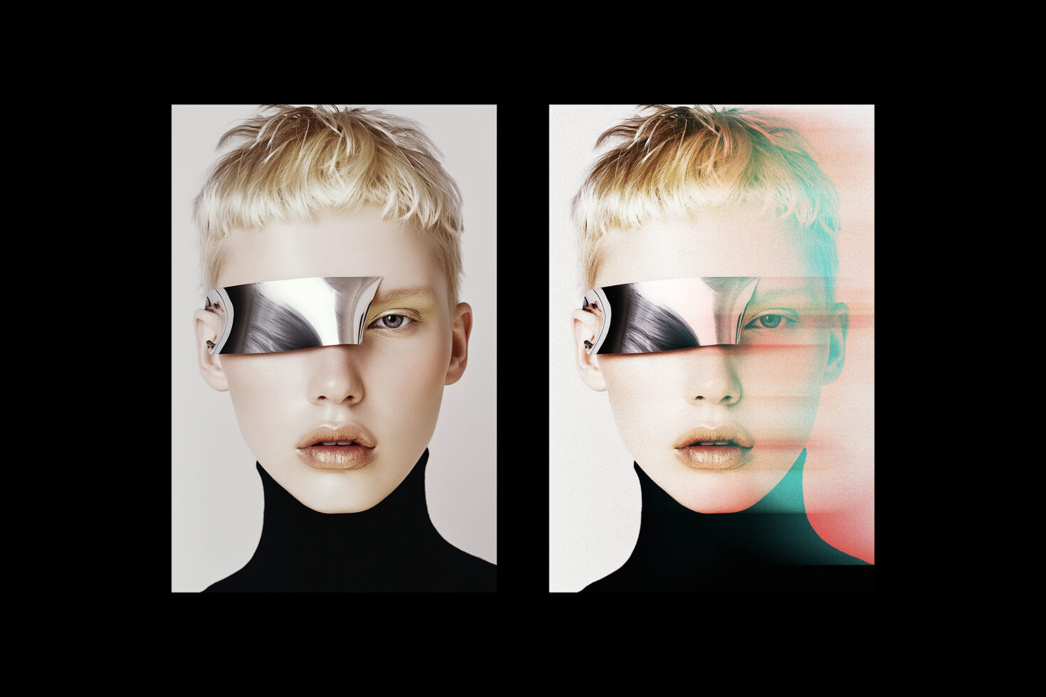 Split portrait of person with futuristic chrome visor, right side has color glitch effect