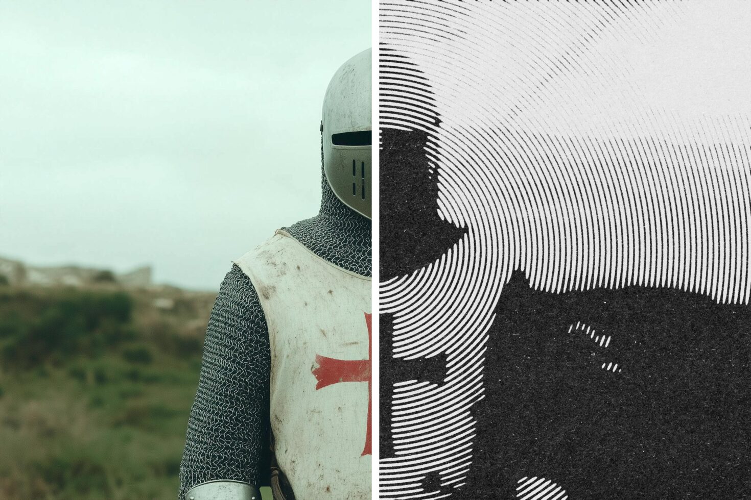 Knight statue split with black line art pattern on right side