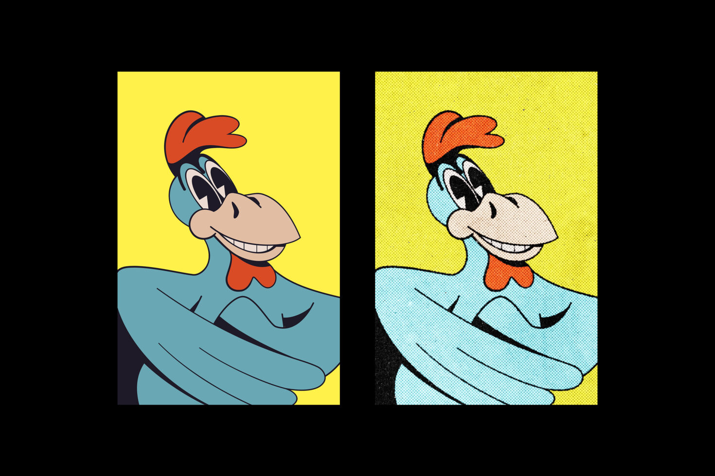Retro cartoon character in blue outfit with red hat shown in smooth plus halftone versions
