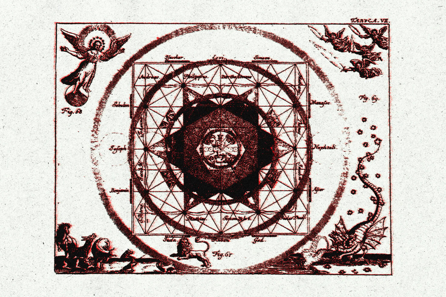 Russet red occult geometric diagram with concentric circles, grid, angels, celestial symbols vintage