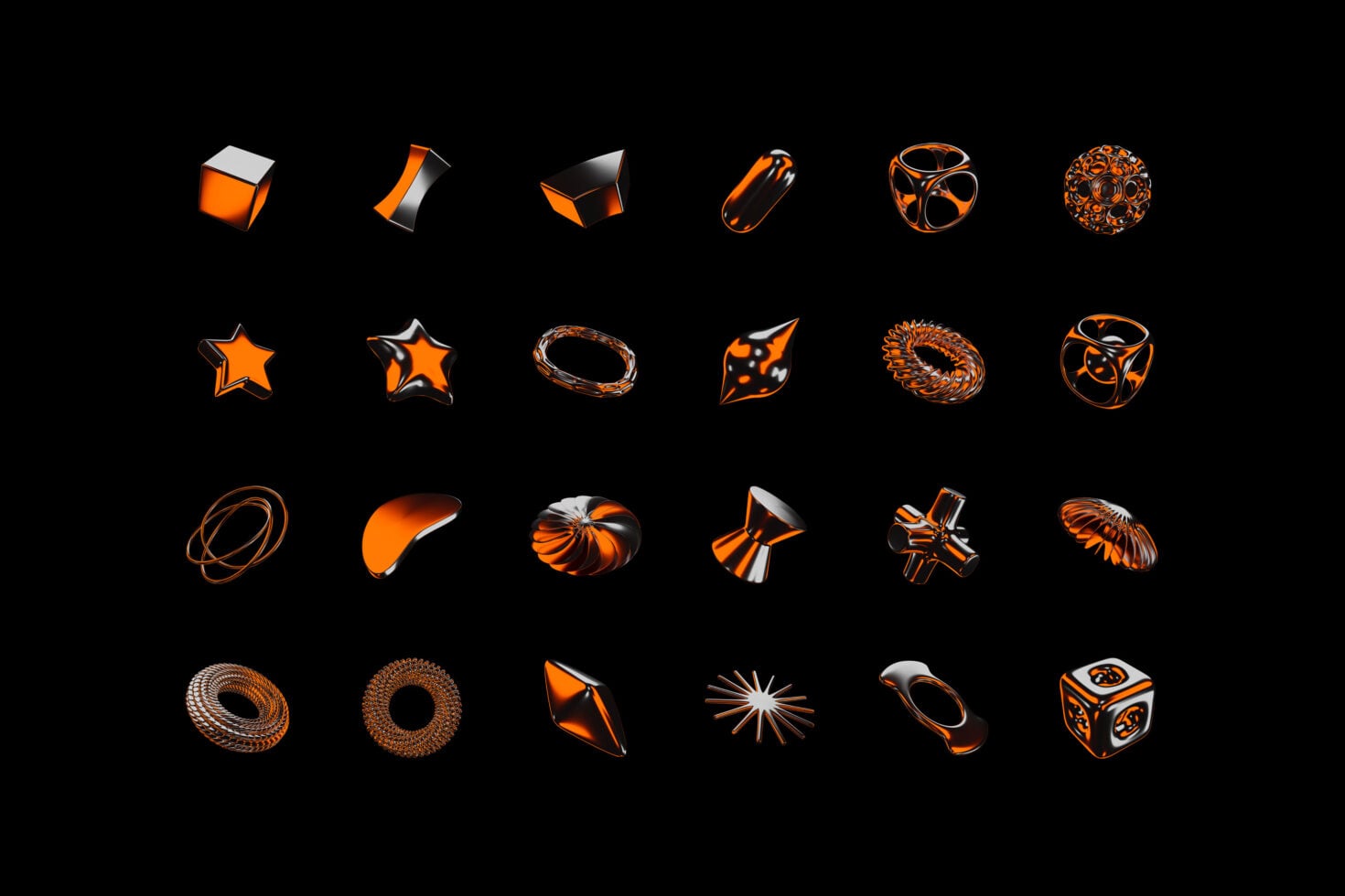 24 orange metallic 3D objects including stars, rings, cubes, orbs