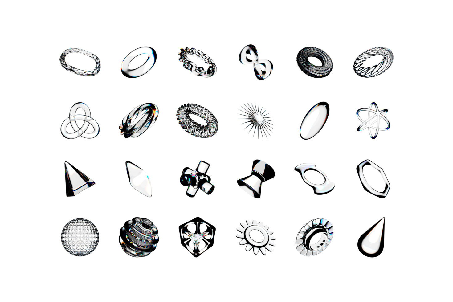 24 shiny 3D glass objects with varied textures, rings, orbs, geometric forms