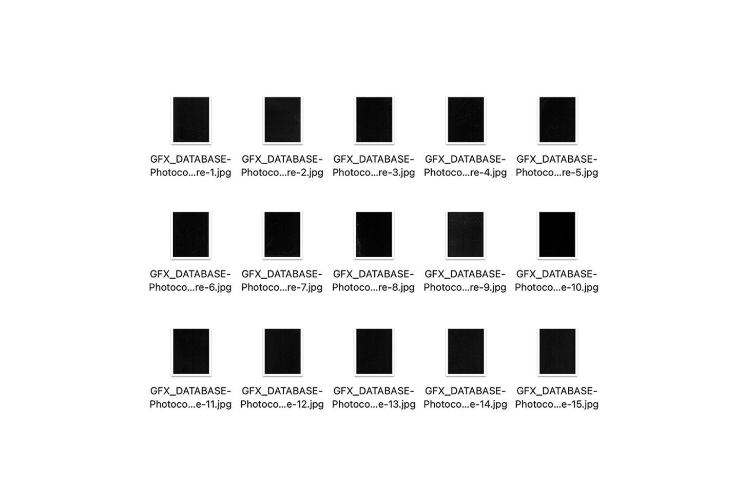 Grid layout of 15 black square placeholders with file names below on white background