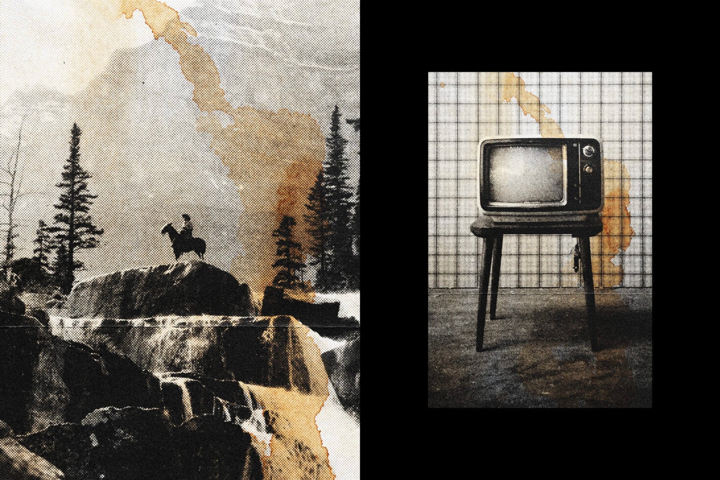 Vintage landscape left with animal on ridge, retro TV set right on grid background