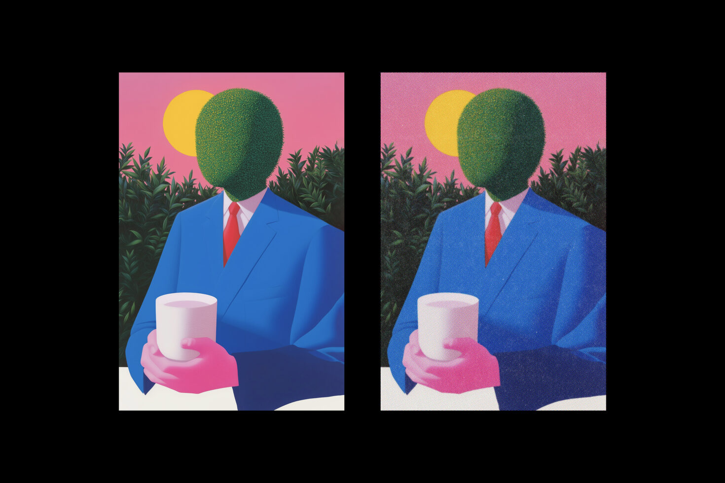 Two versions of figure with balloon head holding coffee cup wearing suit