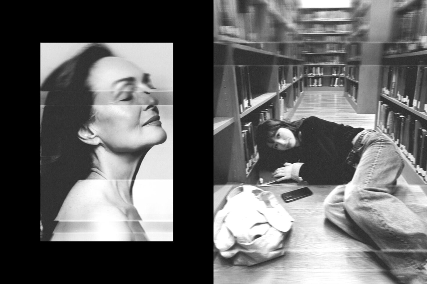 Split screen VHS aesthetic with profile portrait left, hallway scene right in B&W