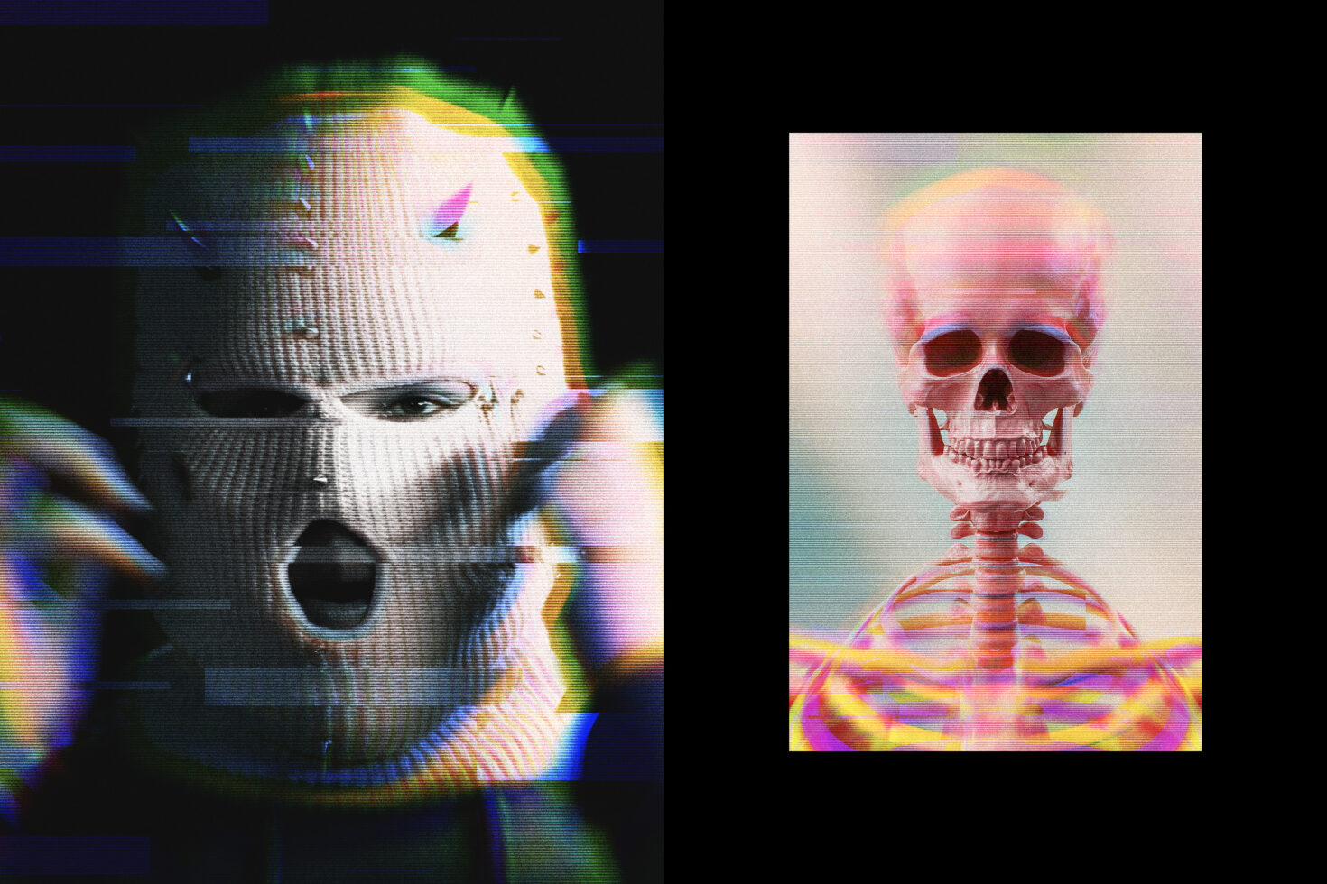 Pixelated face portrait with chromatic aberration, skull with colorful scan lines