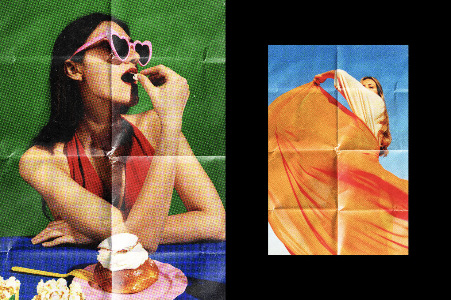Woman heart shaped sunglasses green background holding lollipop vintage vibes