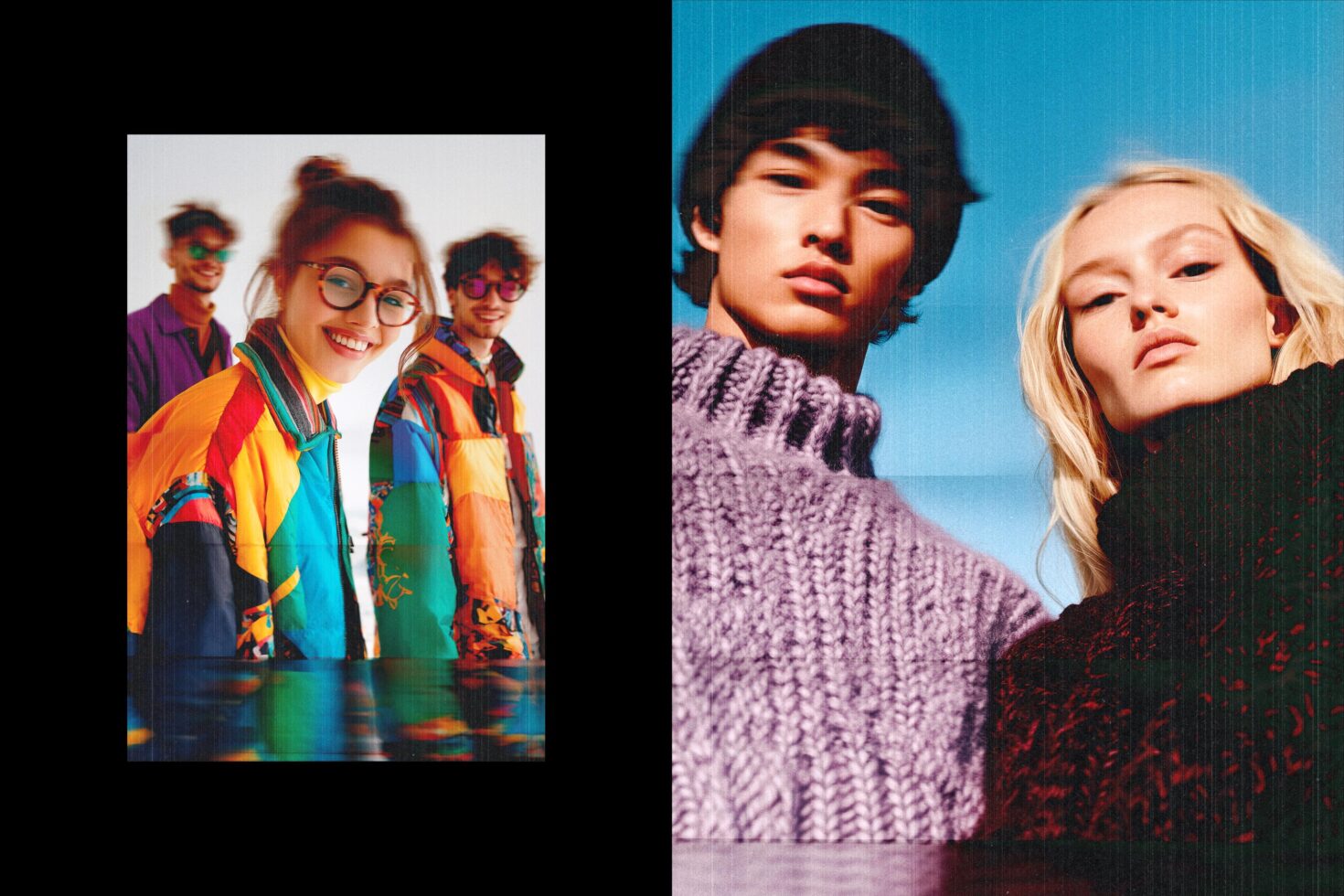 Two people in colorful 90s windbreakers with rainbow sunglasses smiling at camera