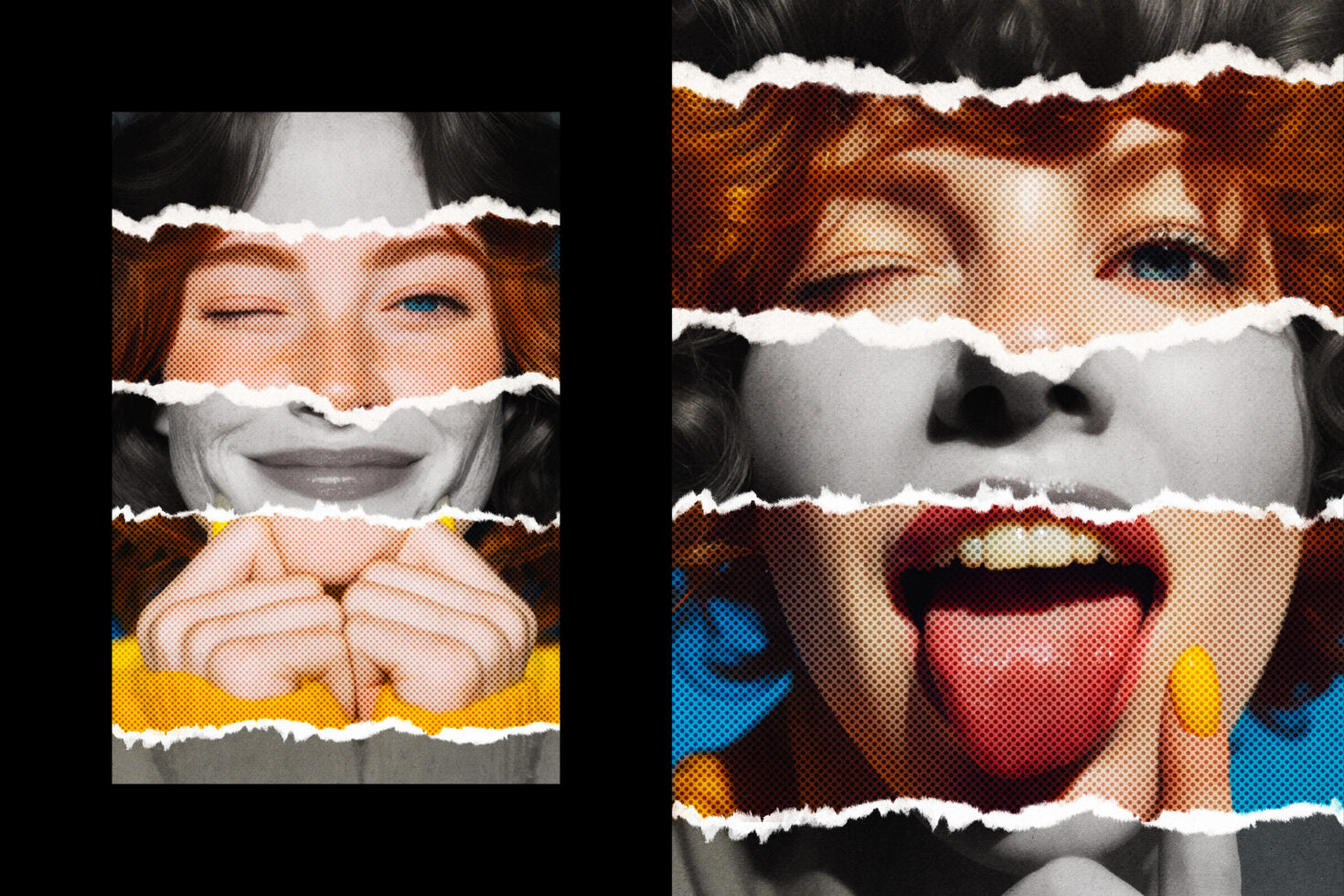Faces with ripped paper cutouts showing halftone dots in bright colors against black