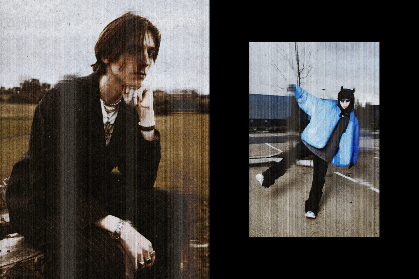 Two fashion portraits with visible horizontal scan lines creating vintage VHS effect