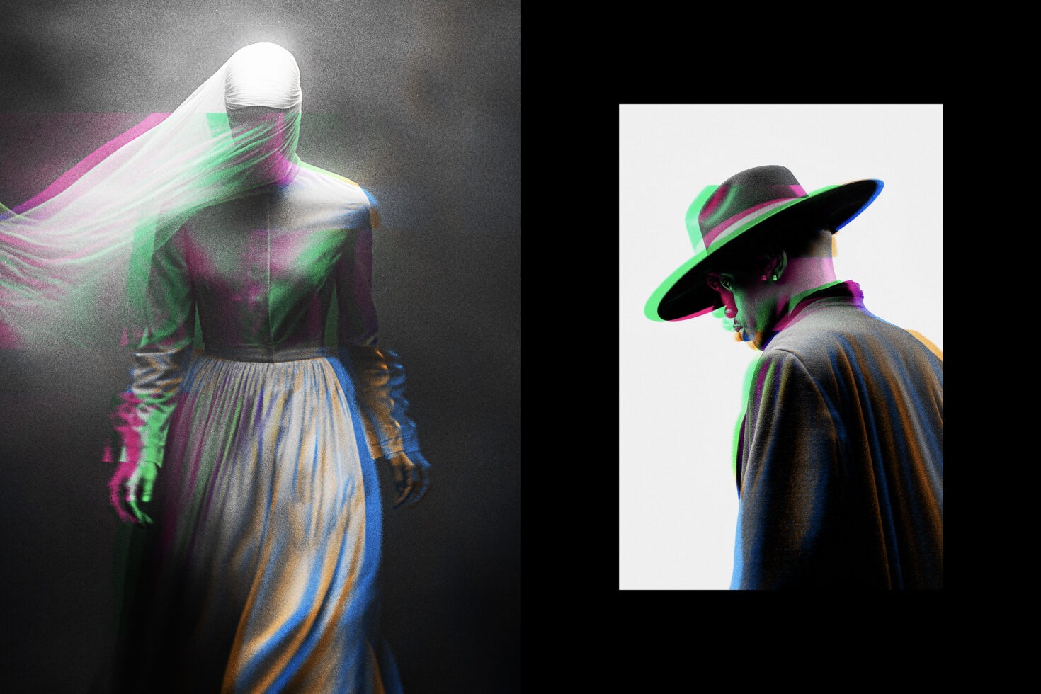 Duotone chromatic glitch effect on two figure portraits with neon overlay
