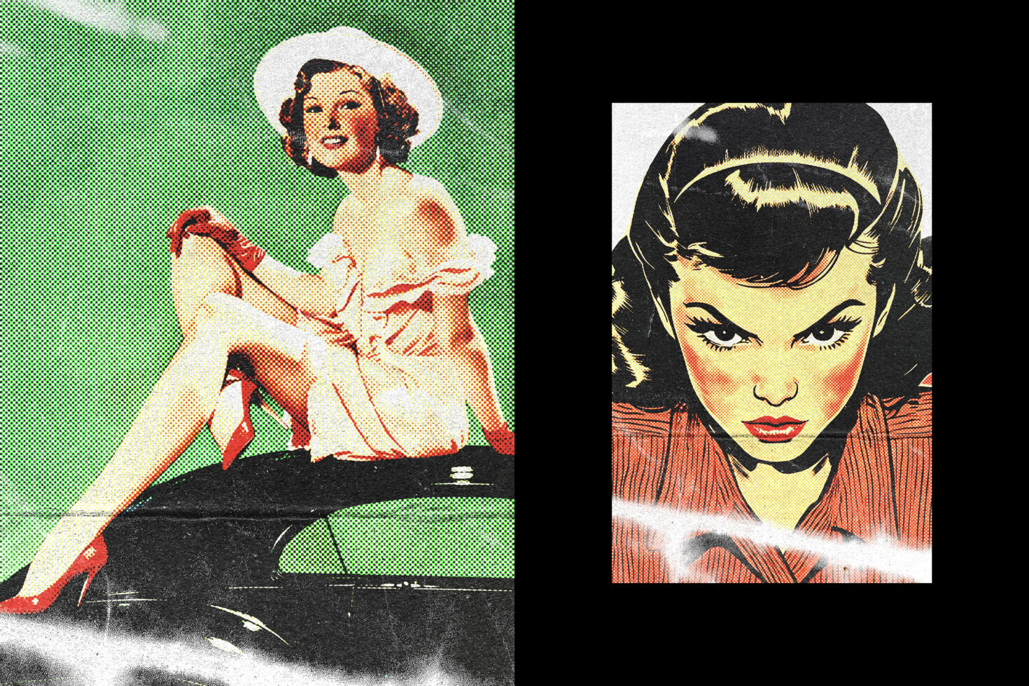 Vintage pop art portraits with halftone dots, woman in white dress, face close-up