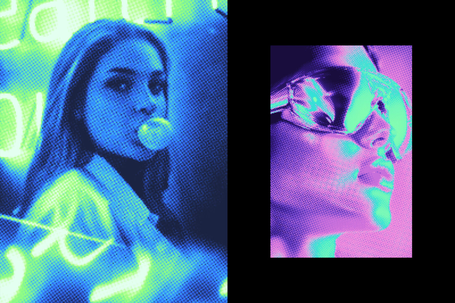 Halftone risograph style filter turning photos into bright neon blue yellow green tones