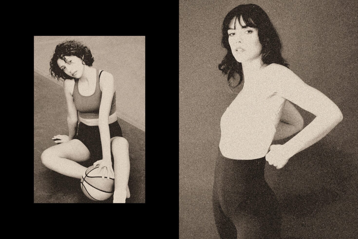Vintage sepia portraits side by side, woman with basketball on left, pregnant figure on right
