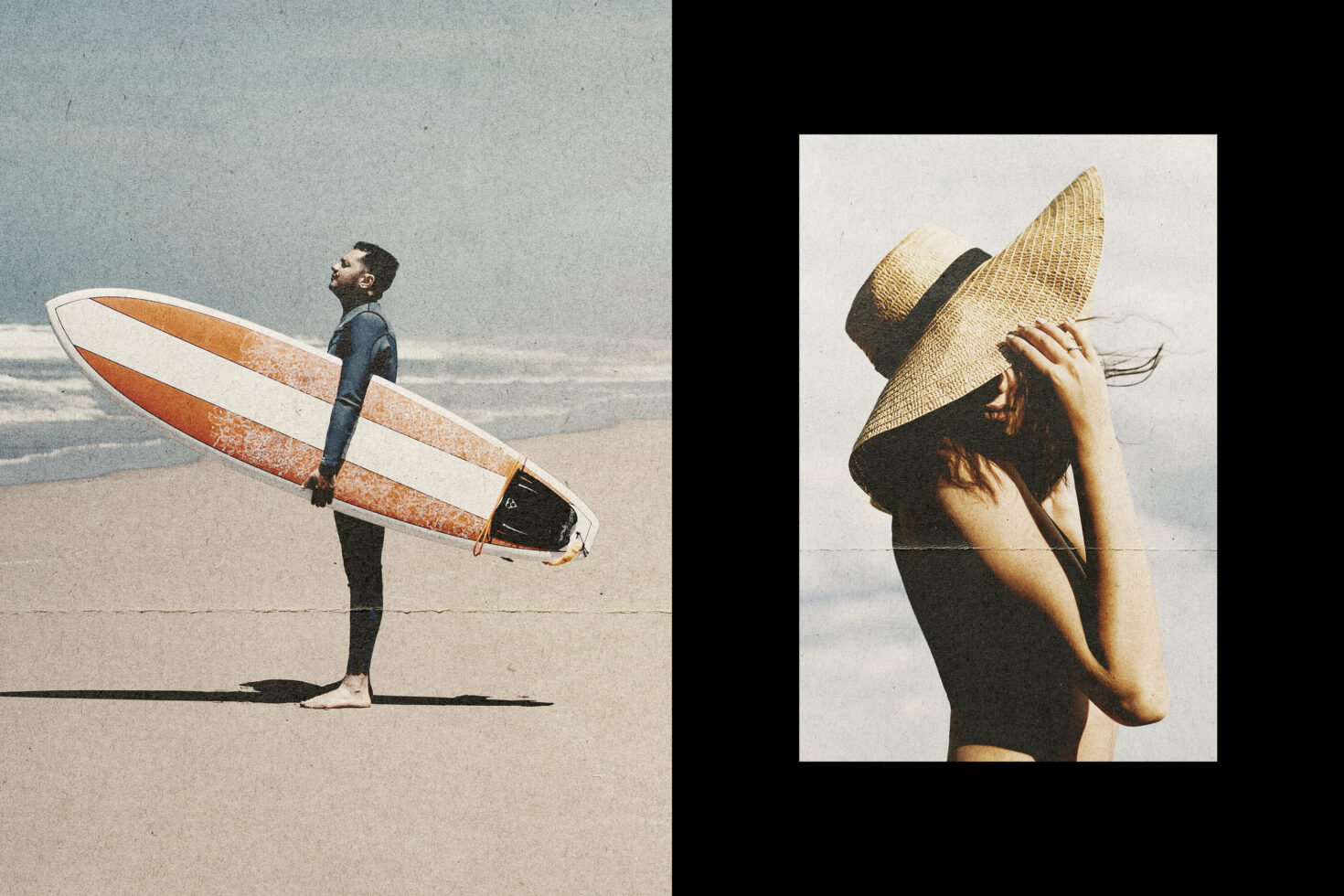 Surfer holding board on beach next to woman adjusting straw hat outdoors