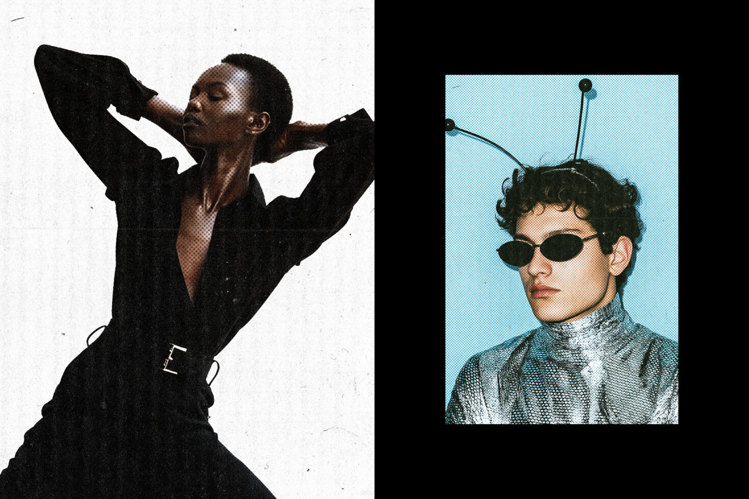 Split layout with moody fashion portraits using halftone textures
