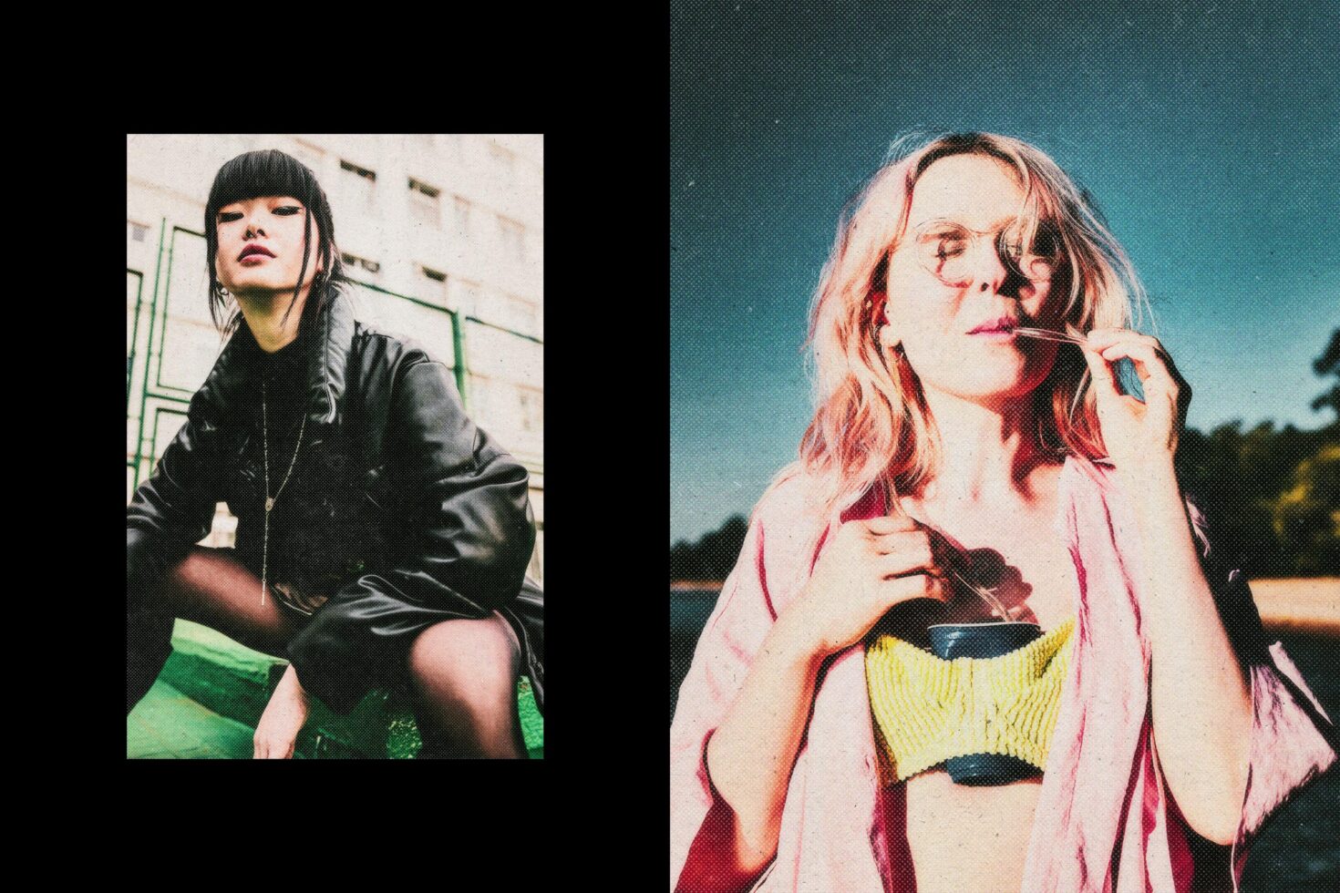 Two portraits of woman comparing outdoor scene with pink color grade overlay