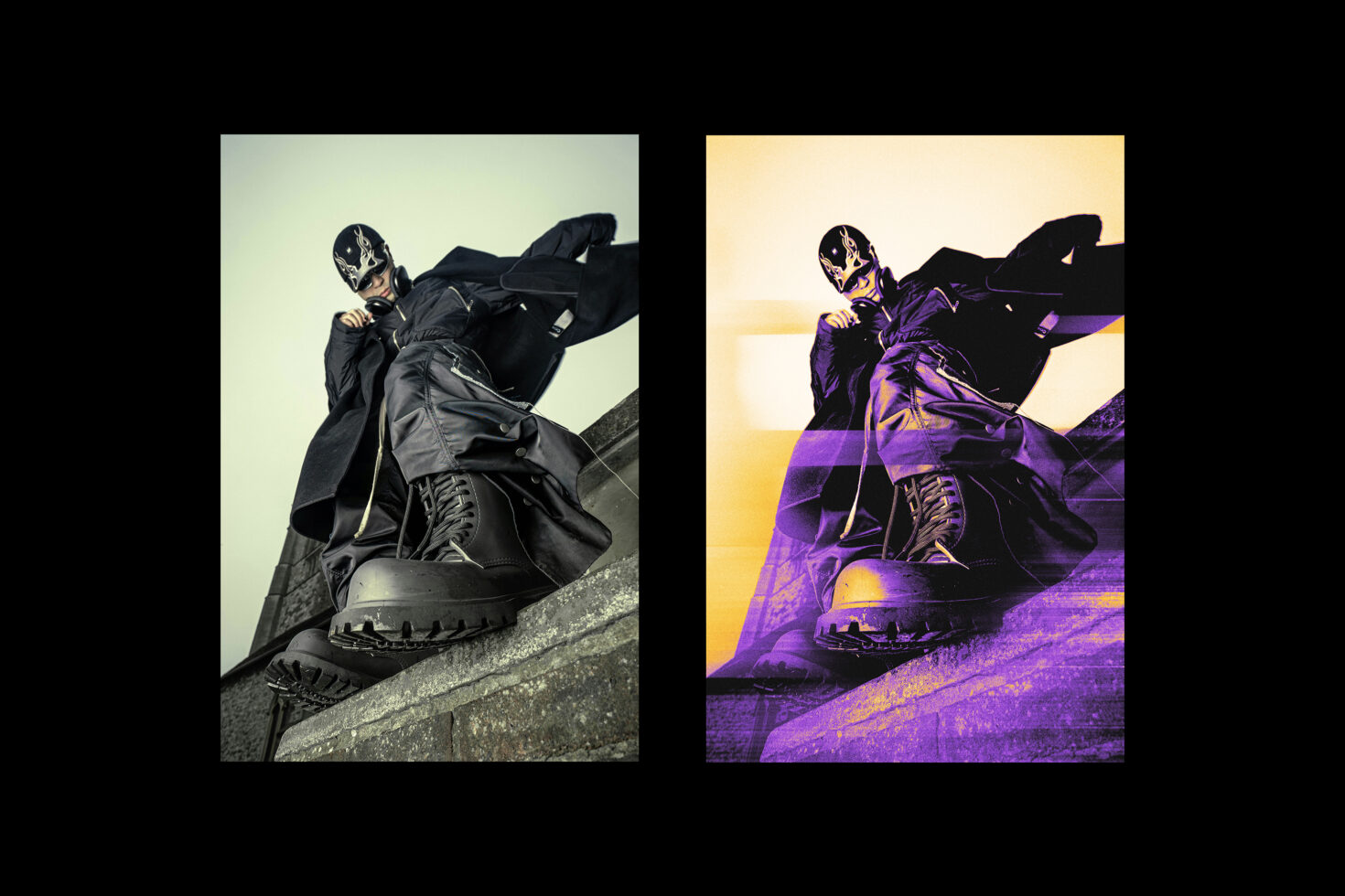 Before-after split of person in black outfit on concrete with neon color overlay