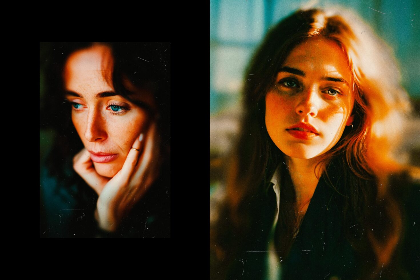 Two female portraits split screen with warm golden orange color cast overlay effect