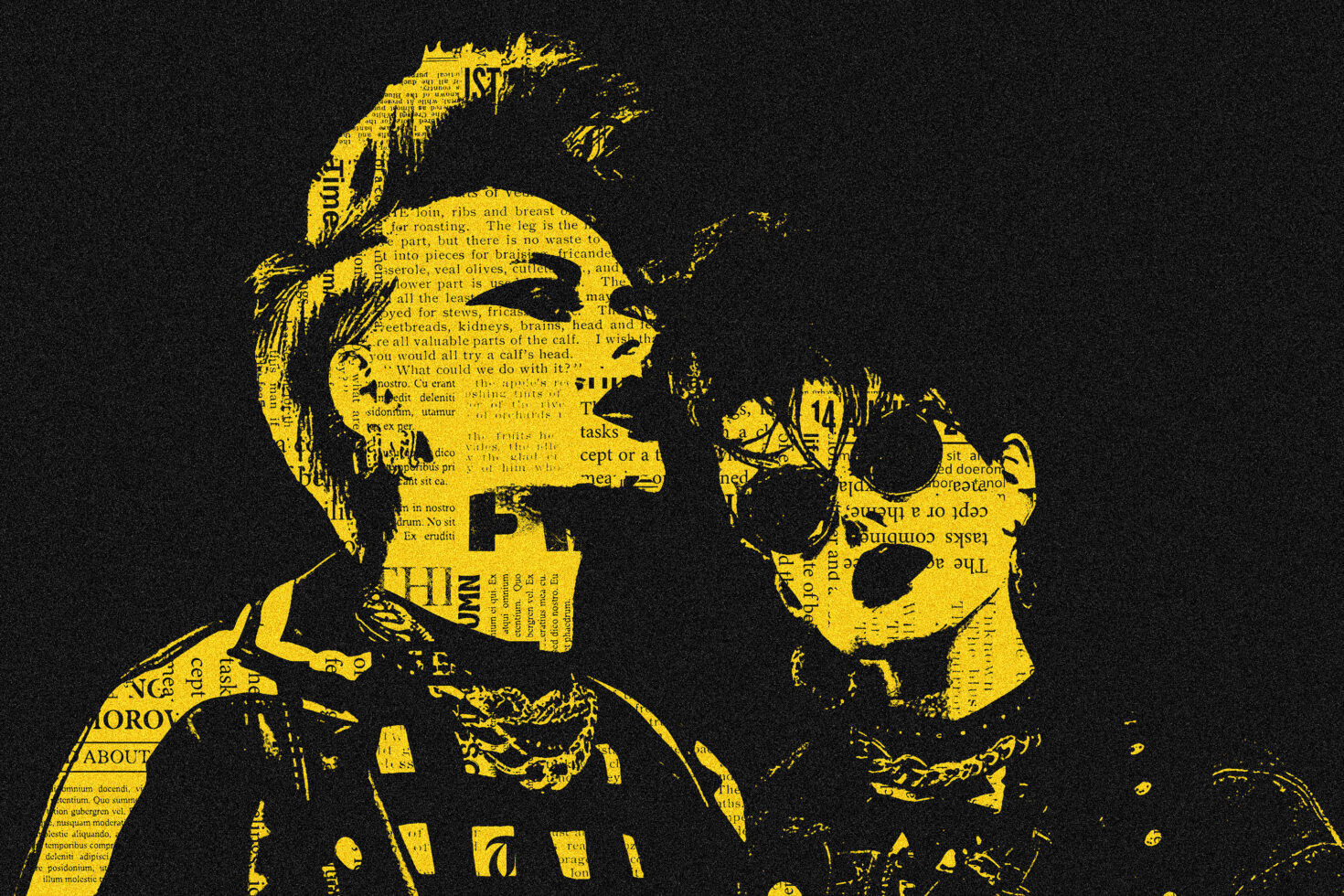 Two portrait heads filled with yellow text overlay on black background