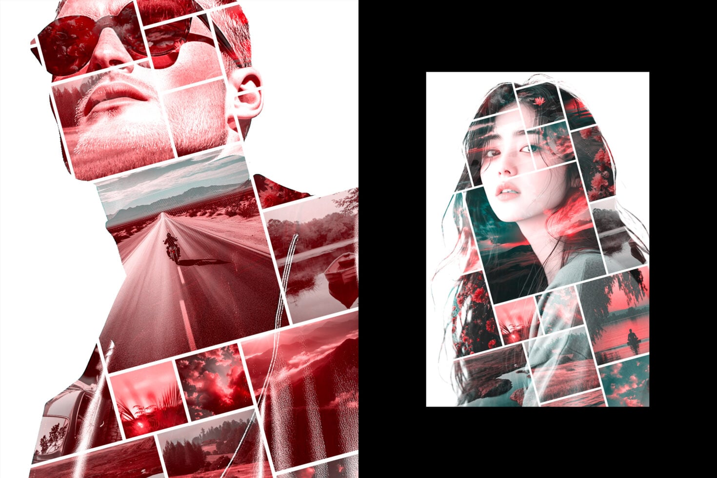 Double exposure portraits merging faces with scenic landscapes in red pink color grade