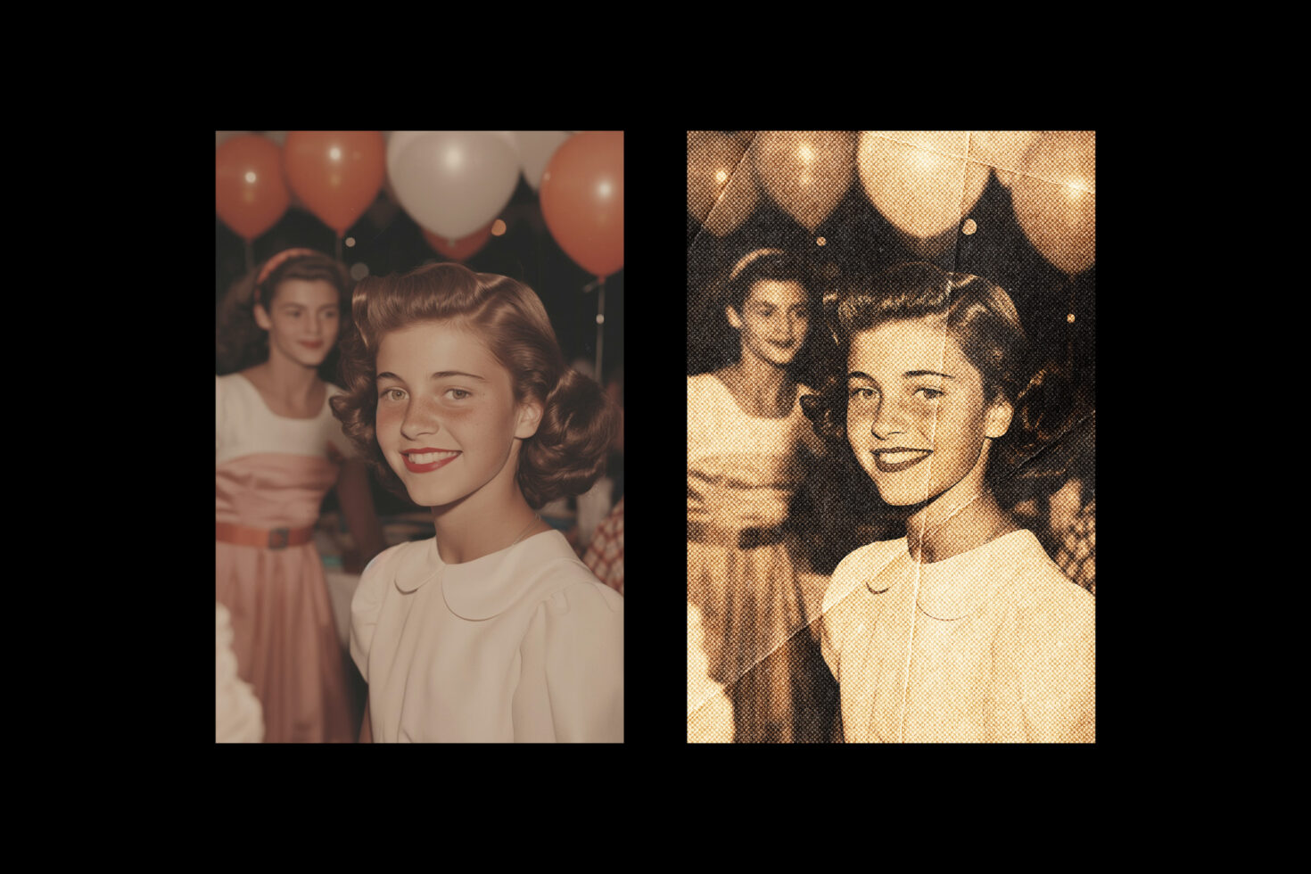Vintage halftone photo showing woman at party with balloons, before after effect