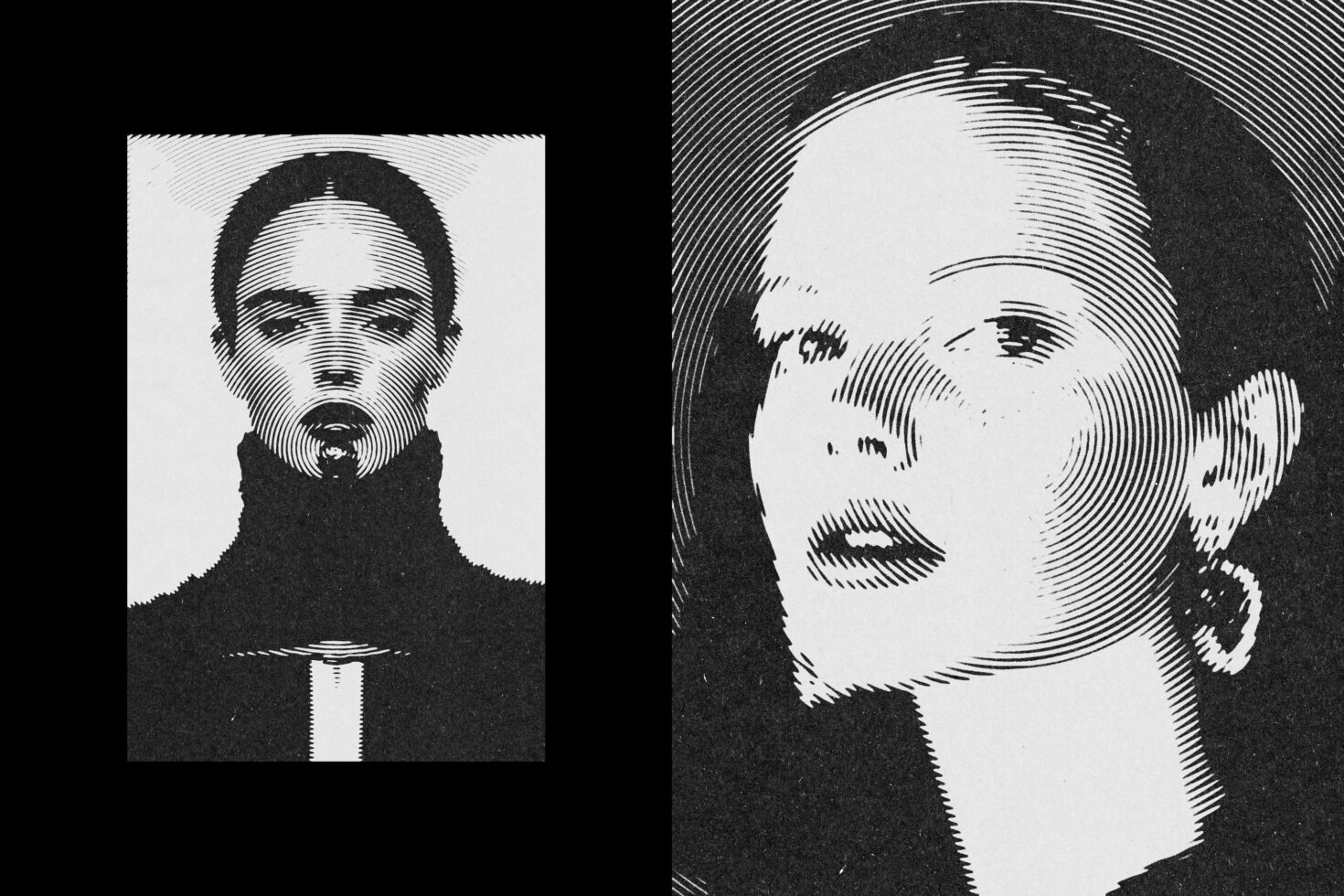 Two etching-style portraits using crosshatch technique on black background