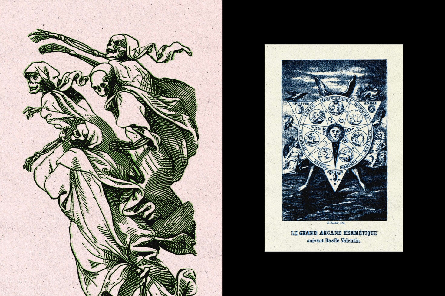 Left shows green demons carrying winged figure, right shows zodiac wheel with creature in stormy sea