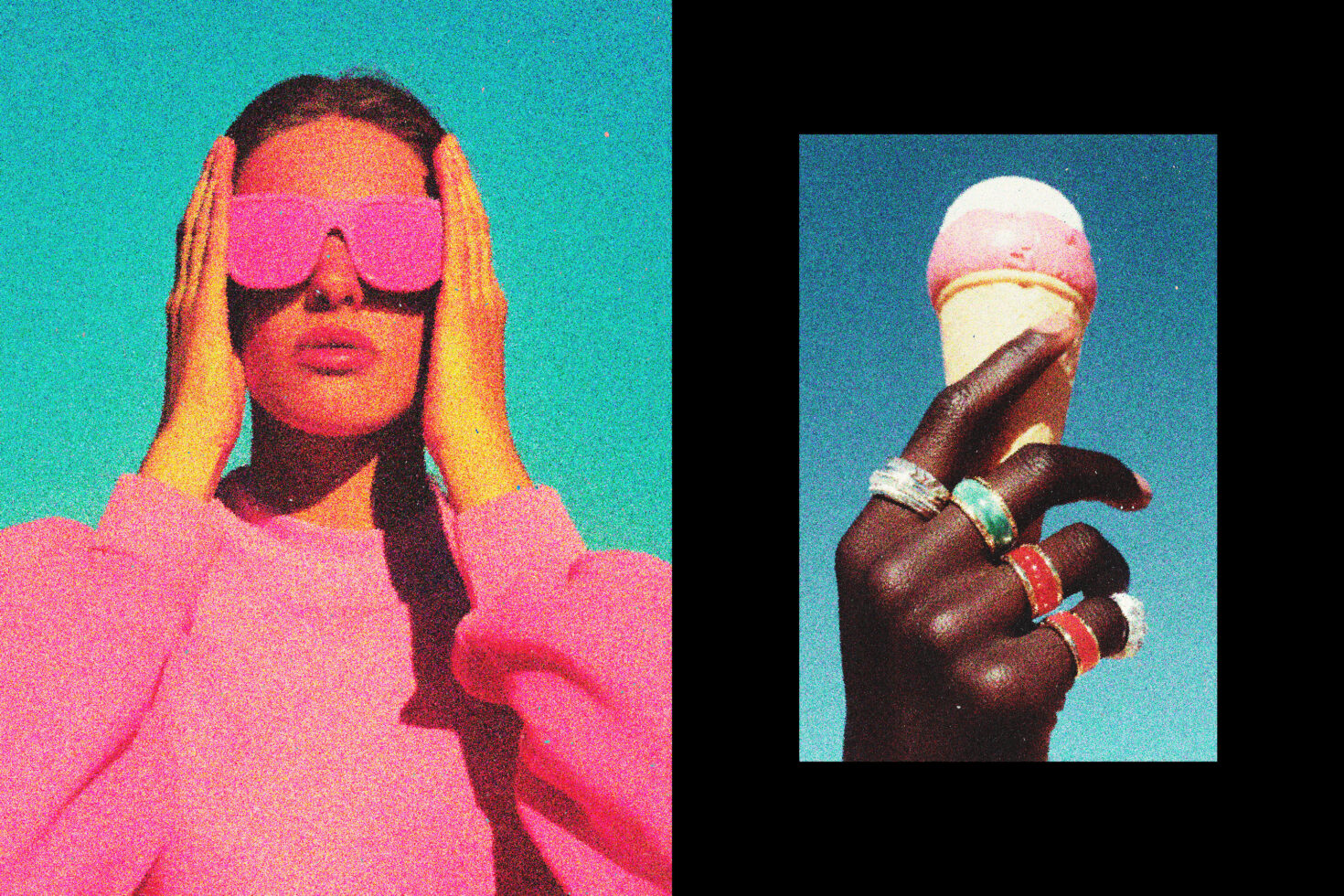 Split screen pop art portraits with grainy texture turquoise pink blue tones