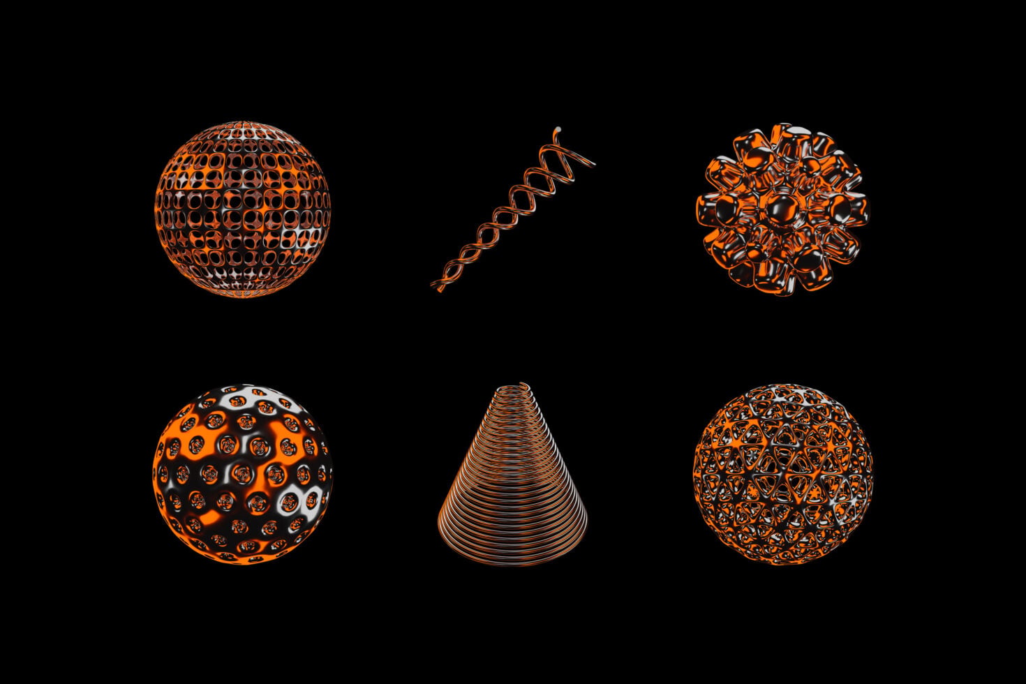 Six glossy 3D abstract shapes in orange with varied textures on black