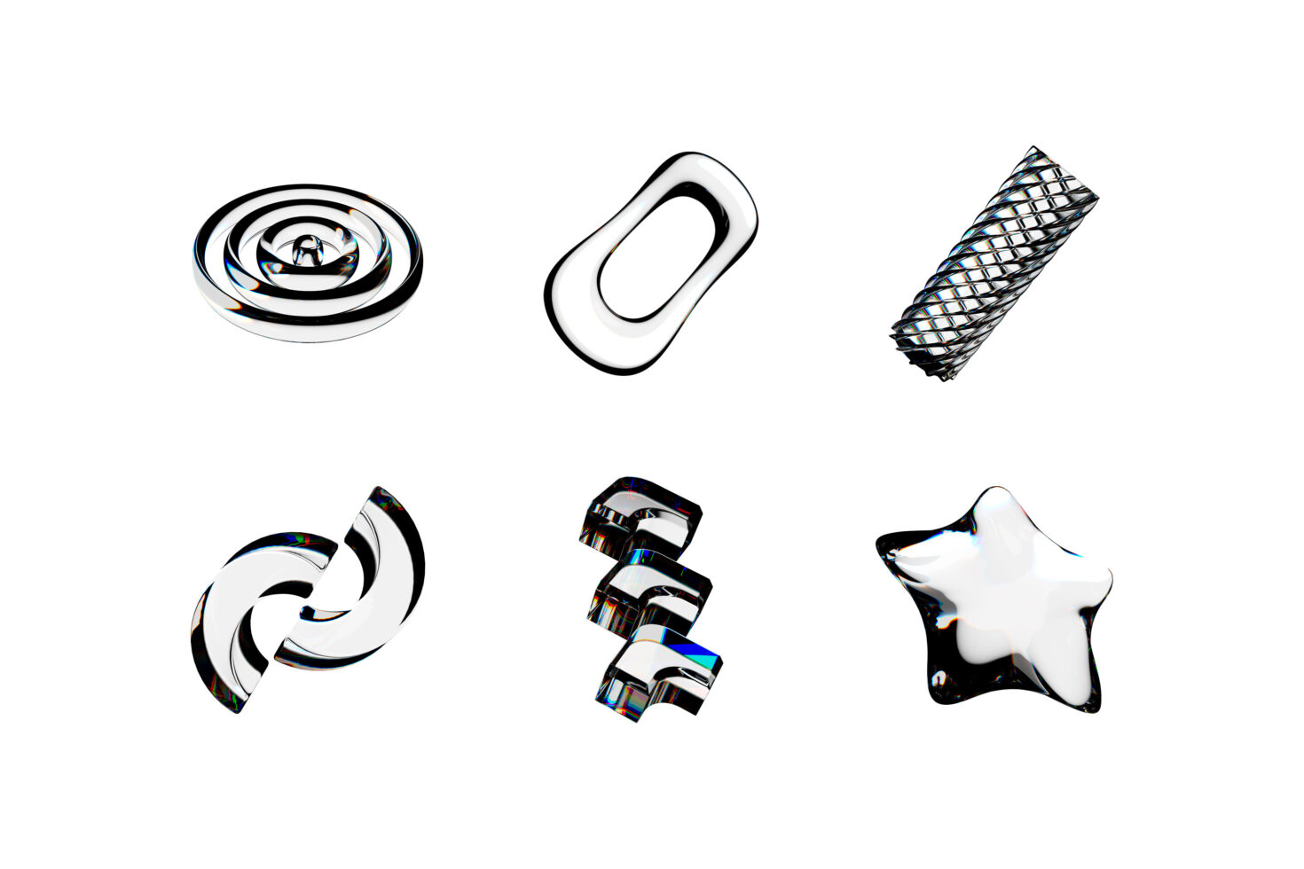 Six glossy 3D shapes with chrome finishes including rings, spirals, star