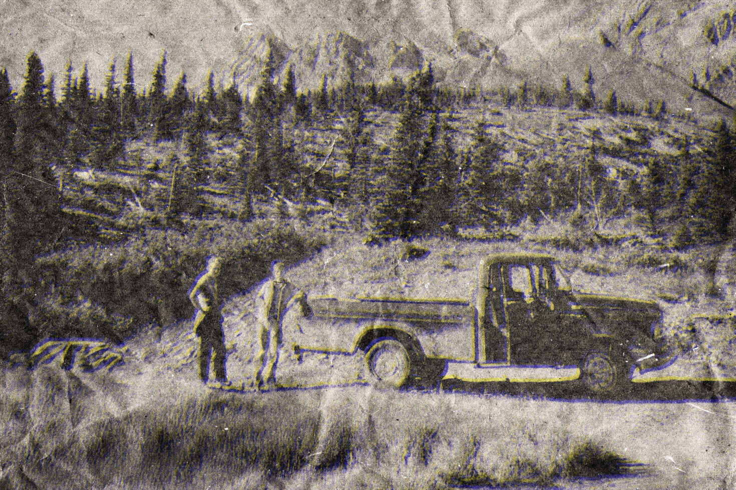 Faded vintage photo of two people standing by old pickup truck in forest