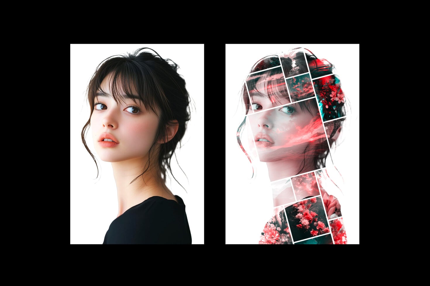 Portrait of person split showing original next to double exposure with floral imagery