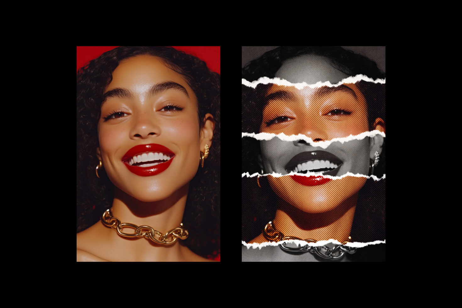 Woman with red lips smiling in solid colors, halftone dot version with torn paper effect