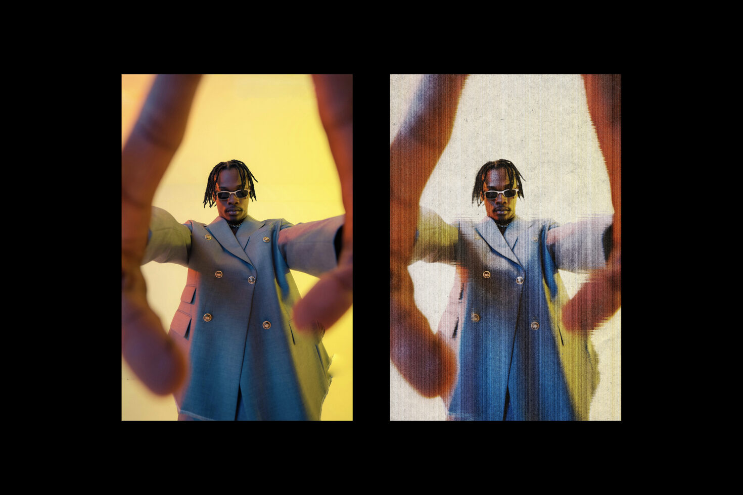 Split image comparison showing glossy photo versus textured film grain overlay