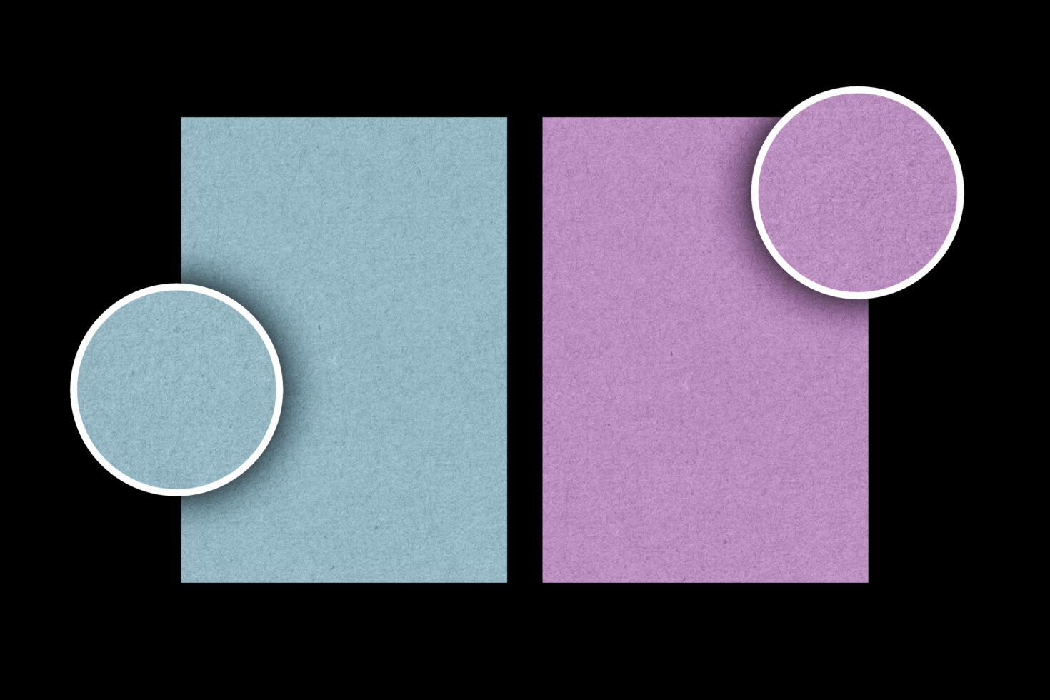 Colorful paper mockup with blue circle on left panel, purple circle on right