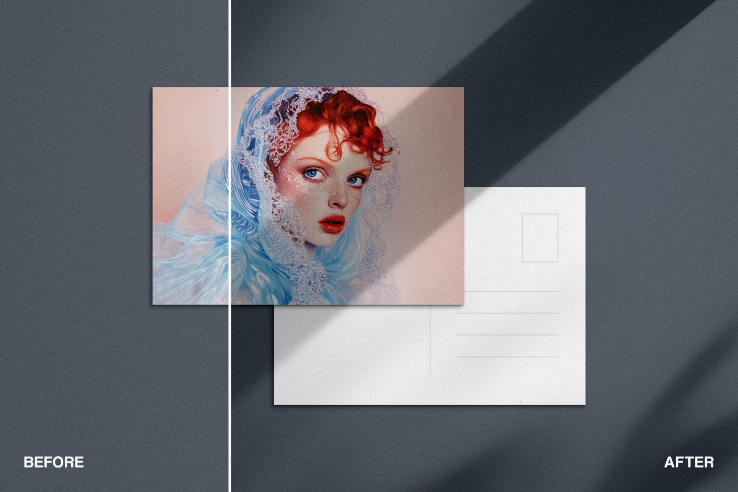 Postcard mockup before after with woman in blue lace veil, red curled hair on muted background
