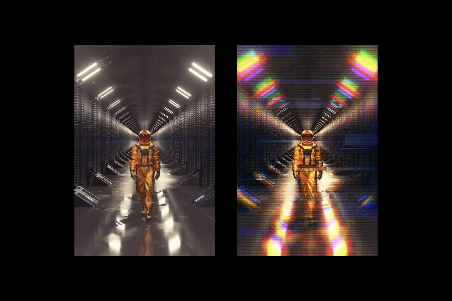 Spaceman walking down futuristic corridor, clean vs glitchy RGB comparison