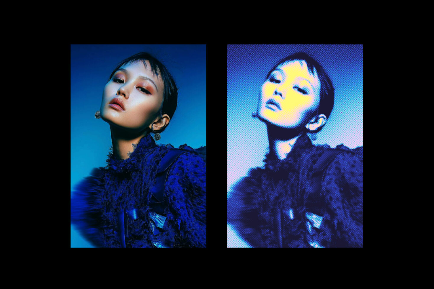 Neon glitch effect applied to portrait, original blue lighting left, pixelated acid colors right