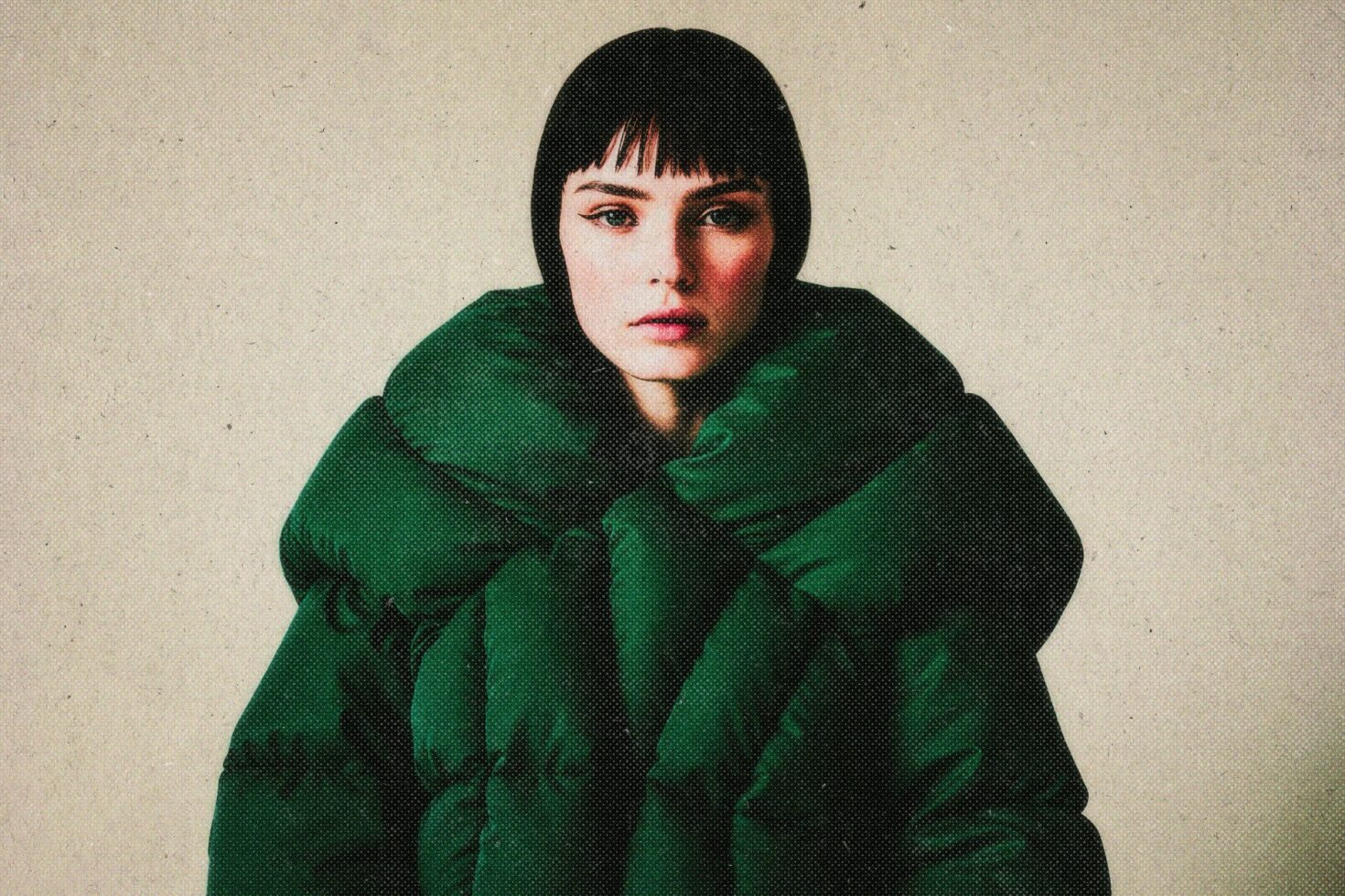 Woman in green puffy jacket portrait with halftone dot texture effect