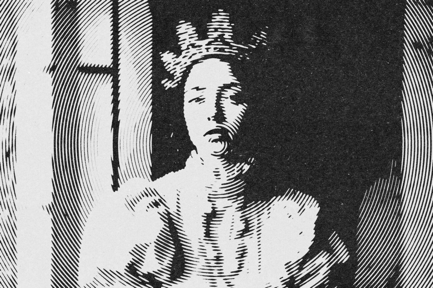 Black line engraving portrait of crowned woman facing forward