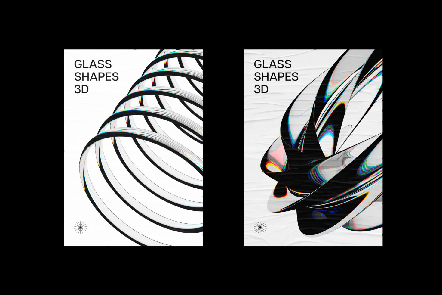 Glass shapes 3D design layouts showing curved forms with rainbow refraction