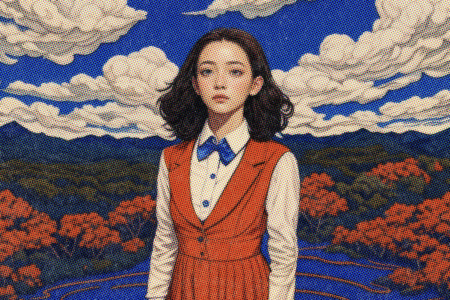 Woman in red vest blue collar standing in dotted landscape under clouds