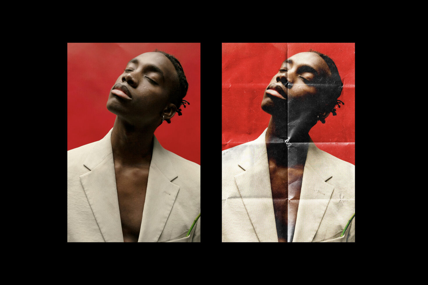 Side profile man cream blazer red background with glitch effect on right side